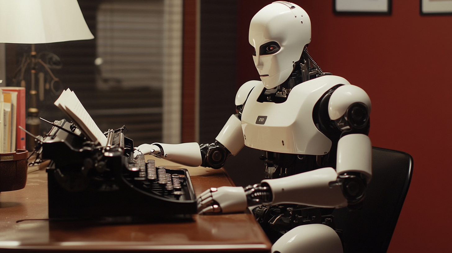 A humanoid robot types on an old-fashioned typewriter.