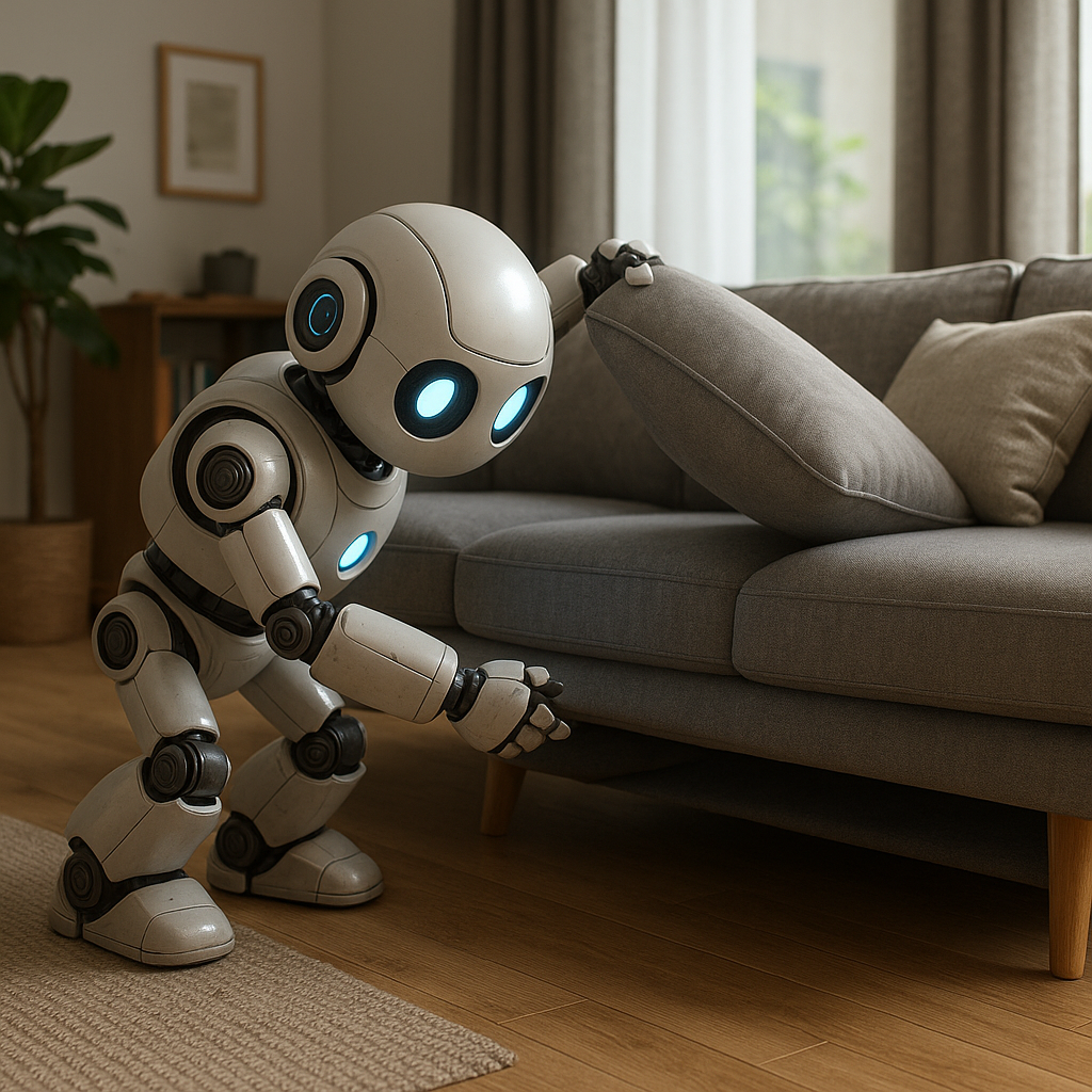 A robot looking under the couch for lost keys.