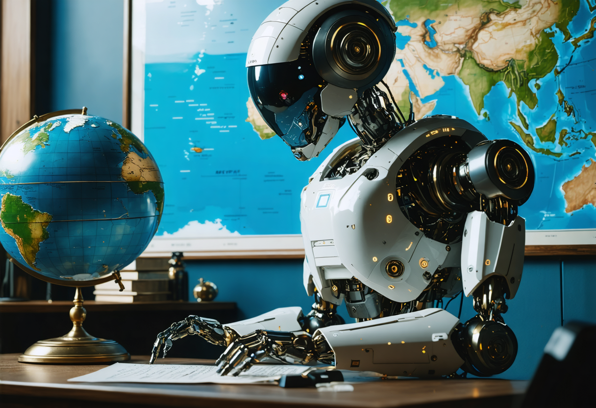 A humanoid robot works at breaking a code. A map is on the wall behind it, and a globe on the desk.