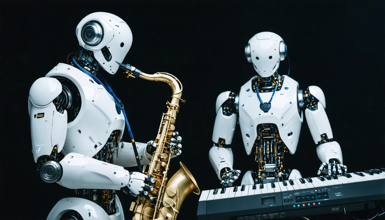 One robot plays the saxophone while another plays a synthesizer keyboard.
