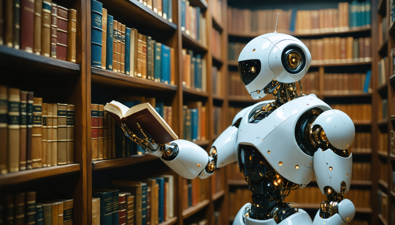 A humanoid robot stands among bookshelves, reading one book.
