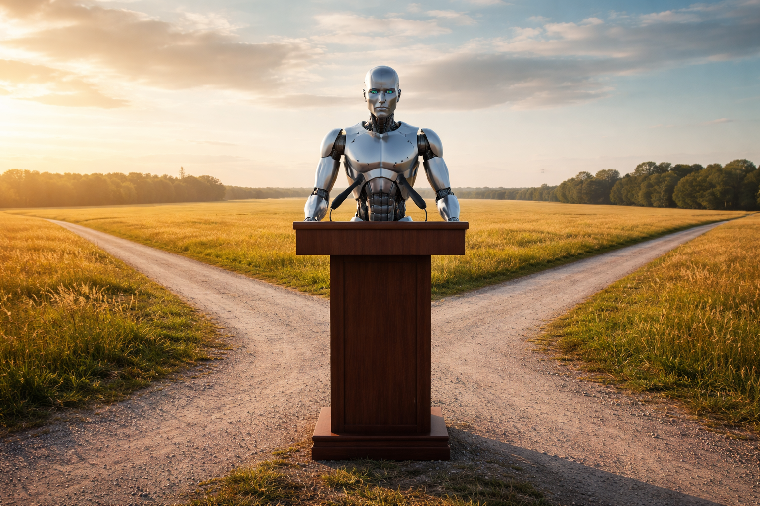 A humanoid robot, representing an AI agent, standing behind a lectern at a crossroads.