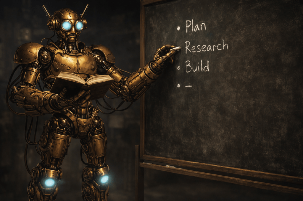 A steampunk robot reads from a book and makes notes on a chalkboard.