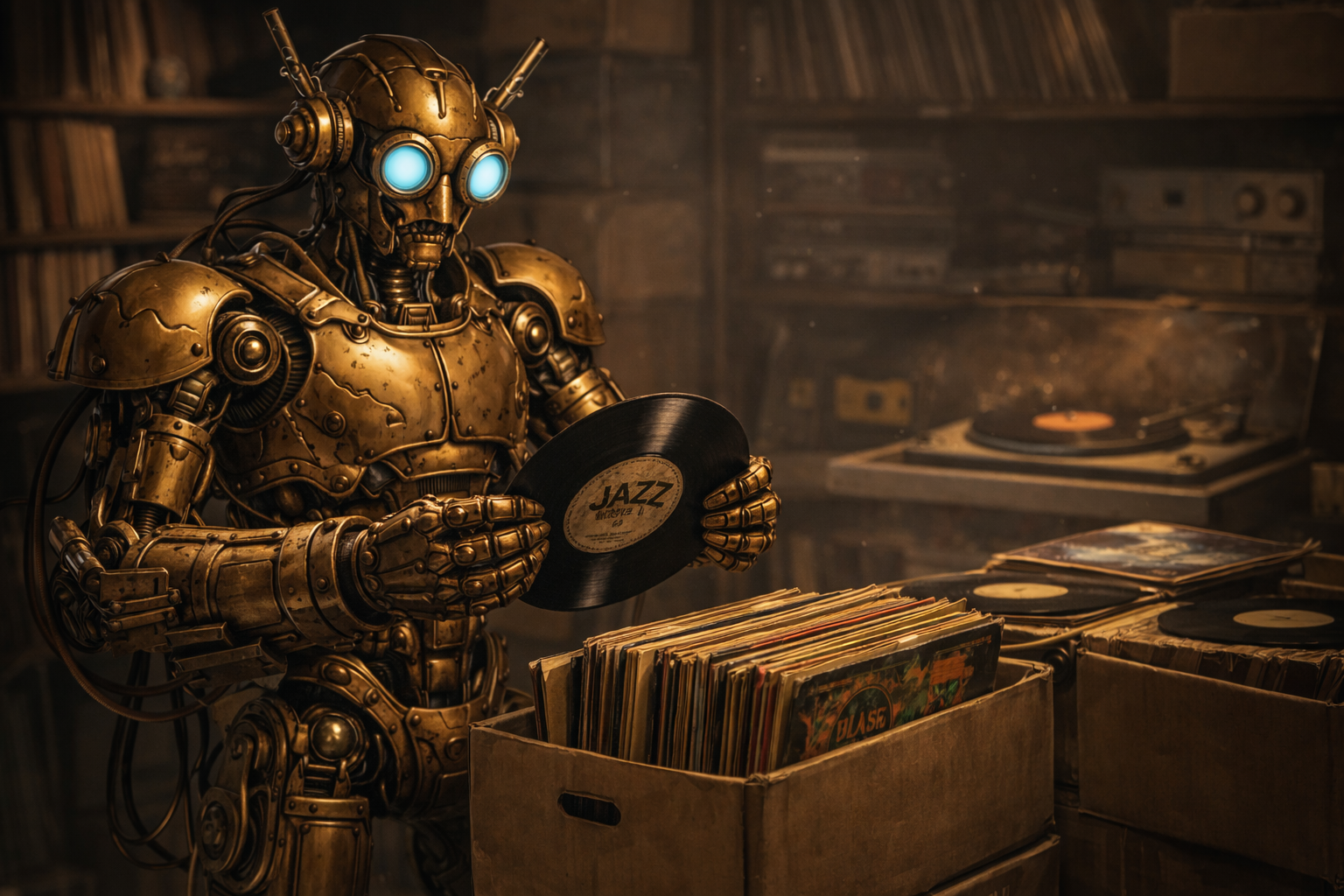 A steampunk android sorts through a box of vinyl record albums.
