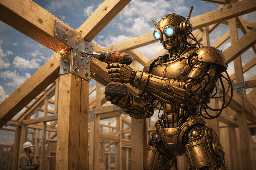 A humanoid robot building the framework for a house.