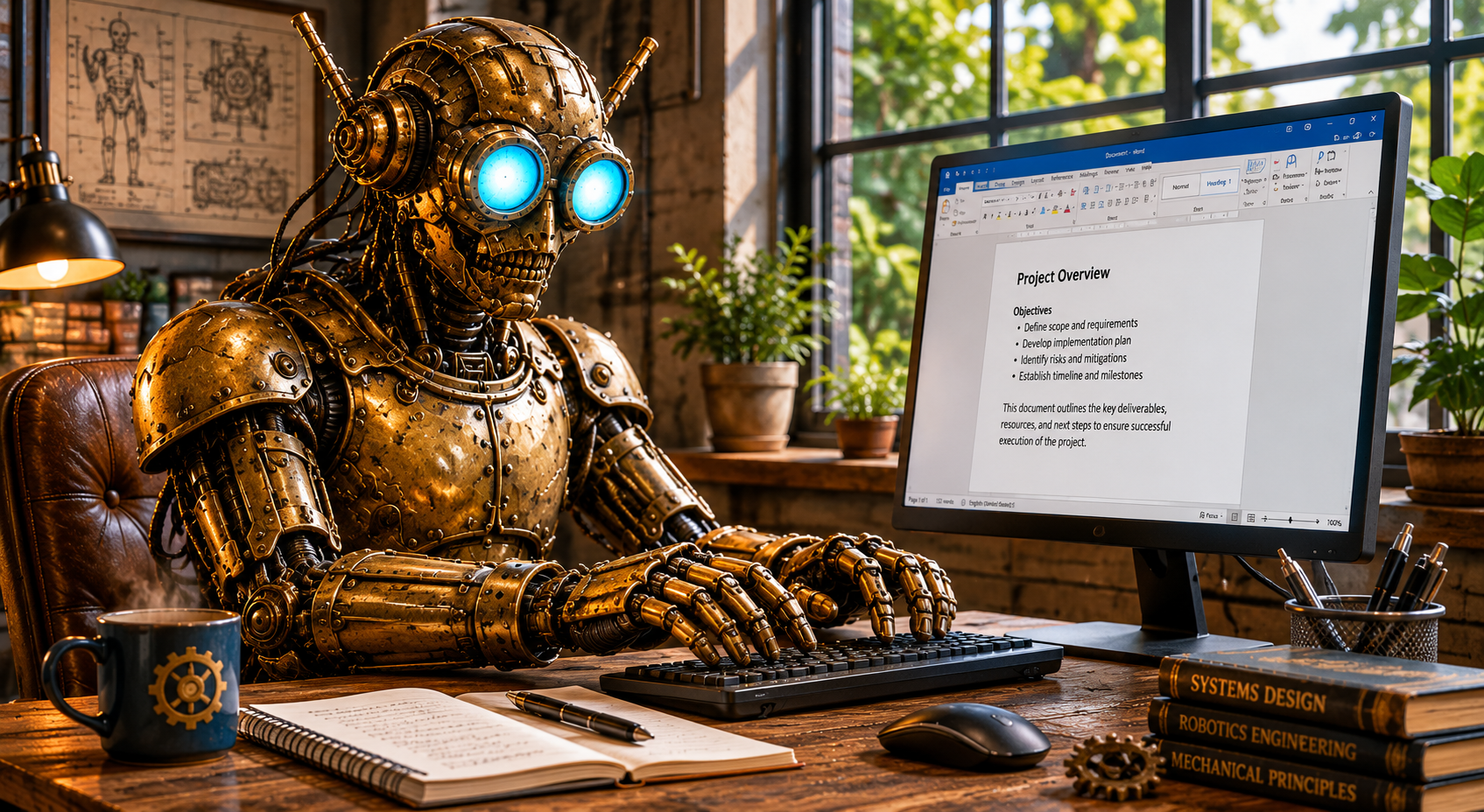 A steampunk robot representing AI creates a Word document on a computer.