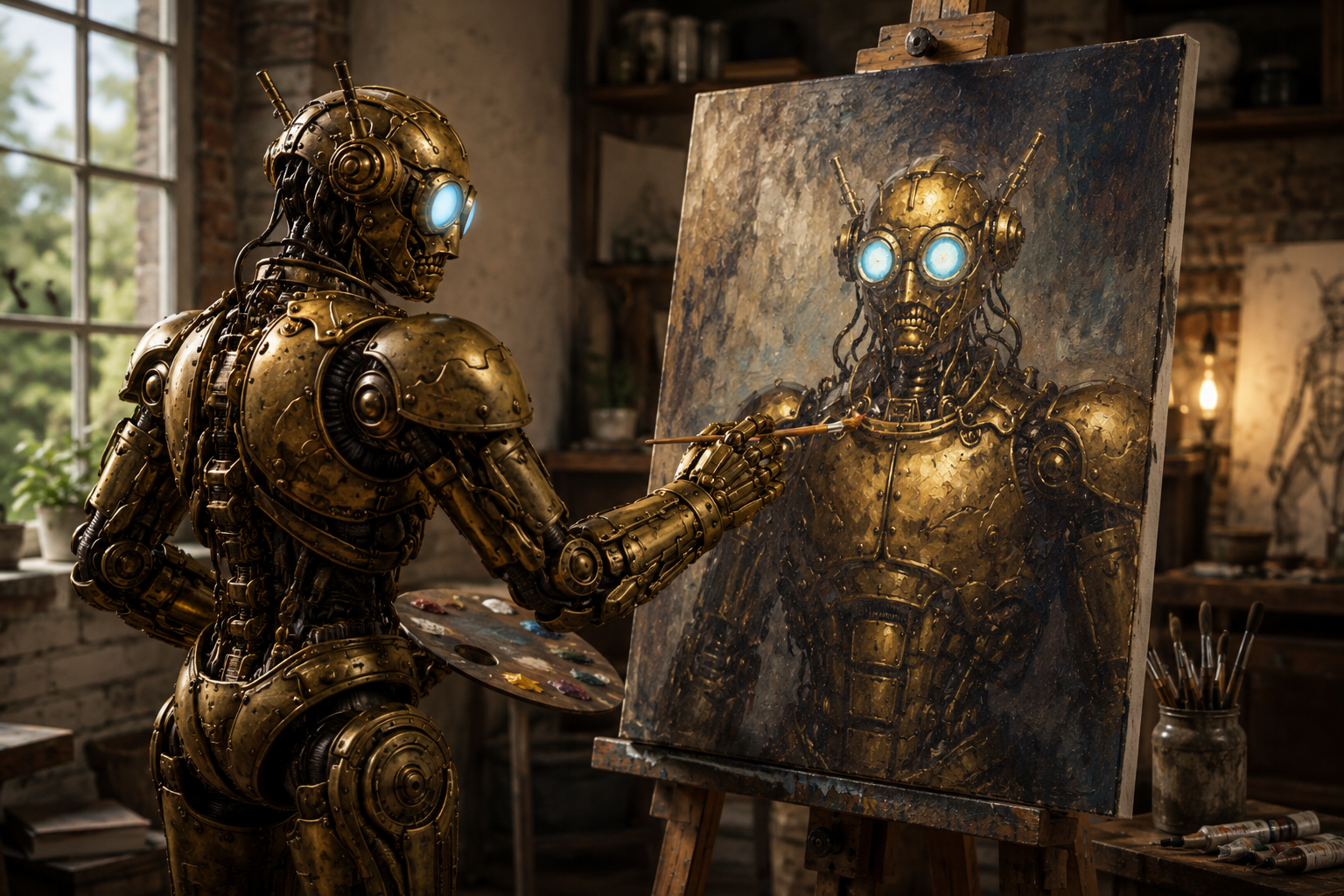 A steampunk style robot stands before an easel and paints a self-portrait.