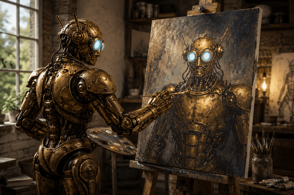 A steampunk style robot stands before an easel and paints a self-portrait.